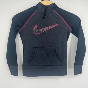 Nike Therma Fit Kids Hoodie Gray Pink Swoosh Pullover Long‎ Sleeve Size Small